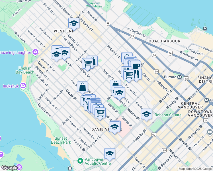 map of restaurants, bars, coffee shops, grocery stores, and more near 1277 Nelson Street in Vancouver
