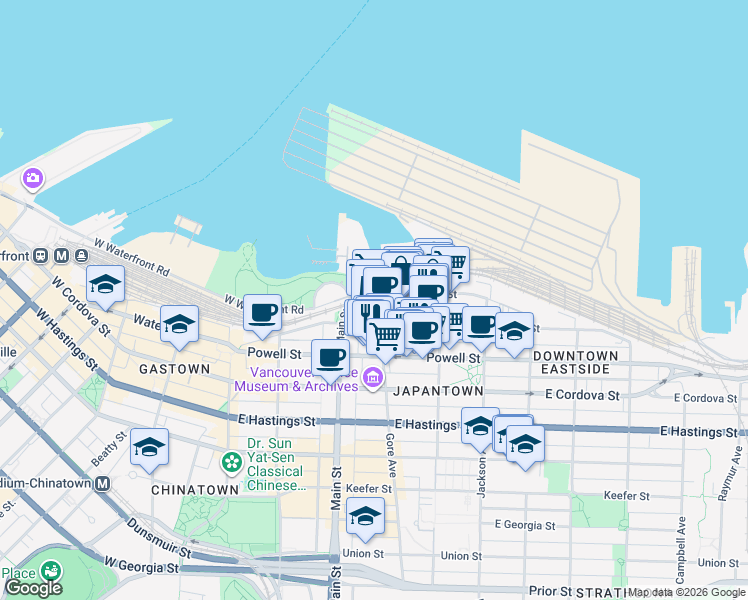 map of restaurants, bars, coffee shops, grocery stores, and more near 15 Gore Avenue in Vancouver