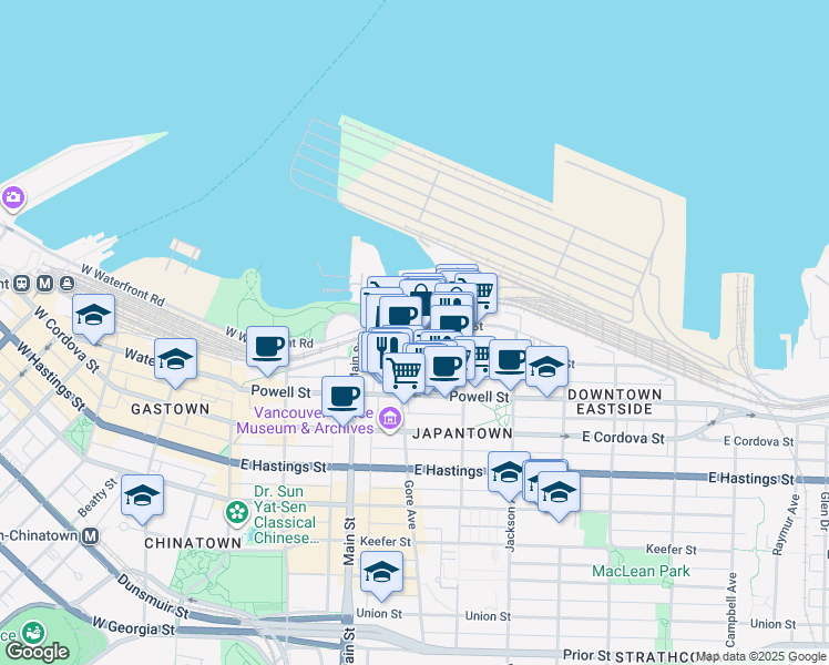 map of restaurants, bars, coffee shops, grocery stores, and more near in Vancouver