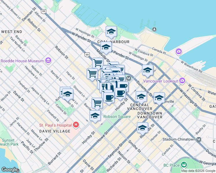map of restaurants, bars, coffee shops, grocery stores, and more near 1060 Alberni Street in Vancouver