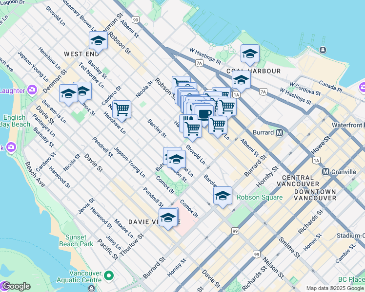 map of restaurants, bars, coffee shops, grocery stores, and more near 888 Bute Street in Vancouver