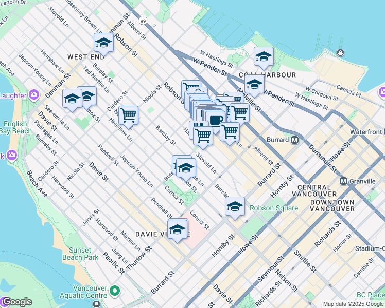 map of restaurants, bars, coffee shops, grocery stores, and more near 303 Bute Street in Vancouver