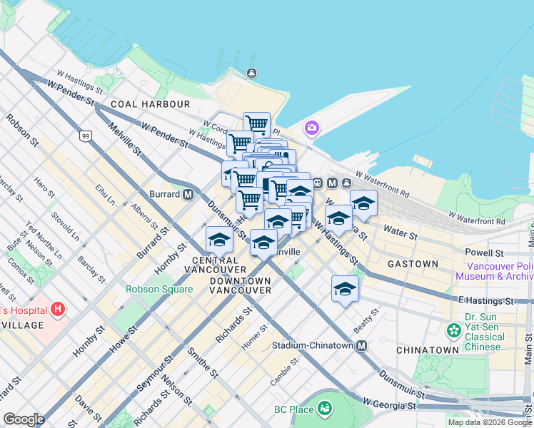 map of restaurants, bars, coffee shops, grocery stores, and more near 445 Howe Street in Vancouver