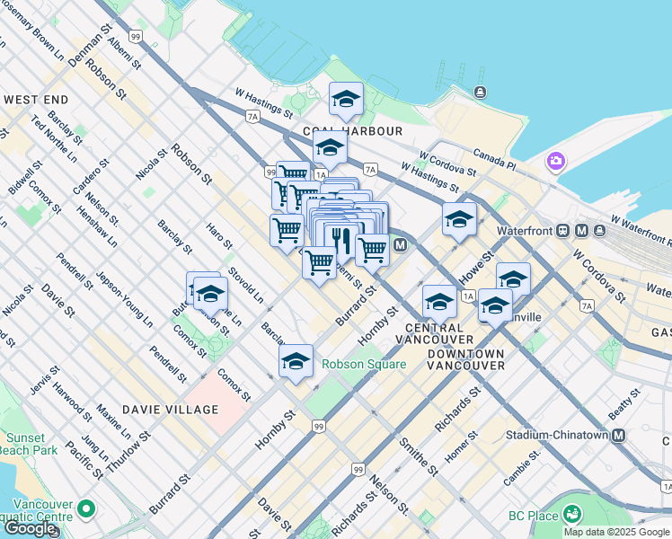 map of restaurants, bars, coffee shops, grocery stores, and more near 1060 Alberni Street in Vancouver