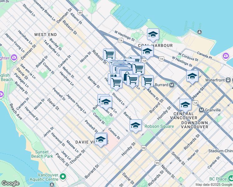 map of restaurants, bars, coffee shops, grocery stores, and more near 1160 Haro Street in Vancouver