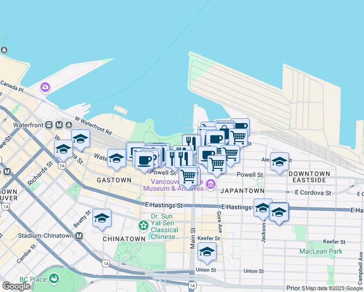 map of restaurants, bars, coffee shops, grocery stores, and more near 1 Main Street in Vancouver