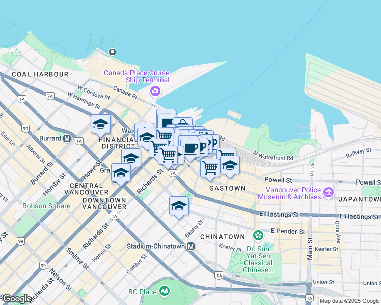 map of restaurants, bars, coffee shops, grocery stores, and more near 201 Water Street in Vancouver