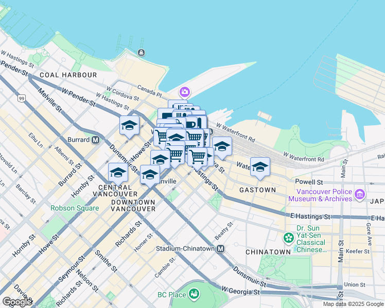 map of restaurants, bars, coffee shops, grocery stores, and more near 601 West Cordova Street in Vancouver