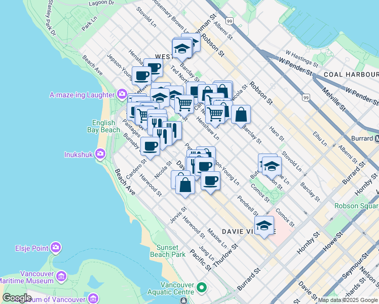 map of restaurants, bars, coffee shops, grocery stores, and more near 1454 Pendrell Street in Vancouver