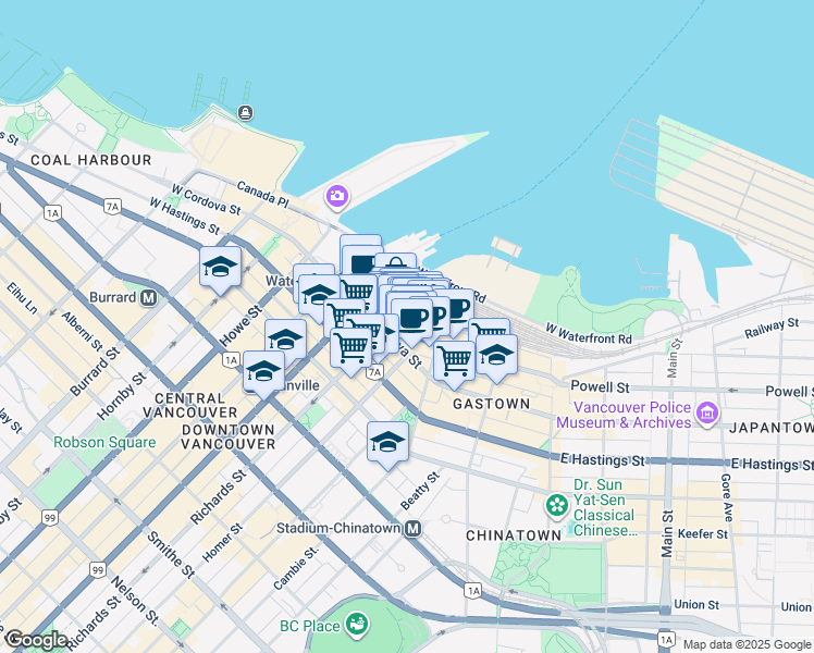 map of restaurants, bars, coffee shops, grocery stores, and more near in Vancouver