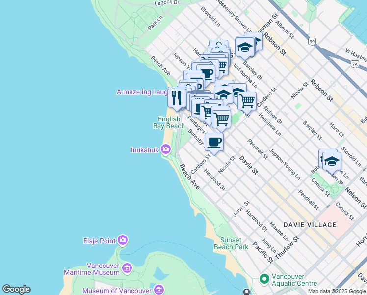 map of restaurants, bars, coffee shops, grocery stores, and more near 1901 Harwood Street in Vancouver