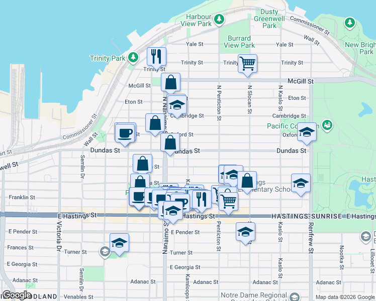 map of restaurants, bars, coffee shops, grocery stores, and more near Dundas Street & Kamloops Street in Vancouver