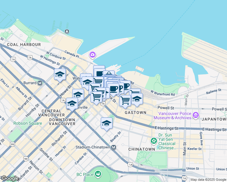 map of restaurants, bars, coffee shops, grocery stores, and more near in Vancouver