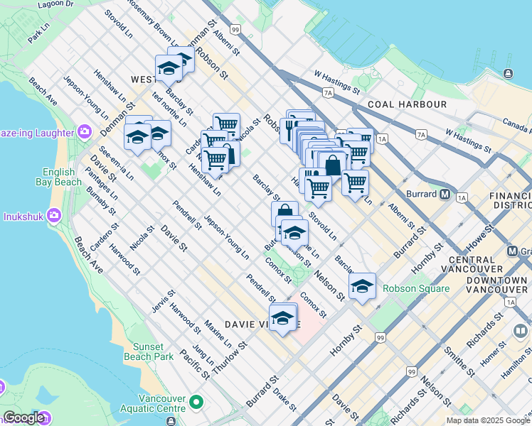 map of restaurants, bars, coffee shops, grocery stores, and more near in Vancouver