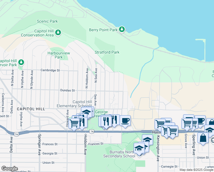 map of restaurants, bars, coffee shops, grocery stores, and more near 38 North Warwick Avenue in Burnaby