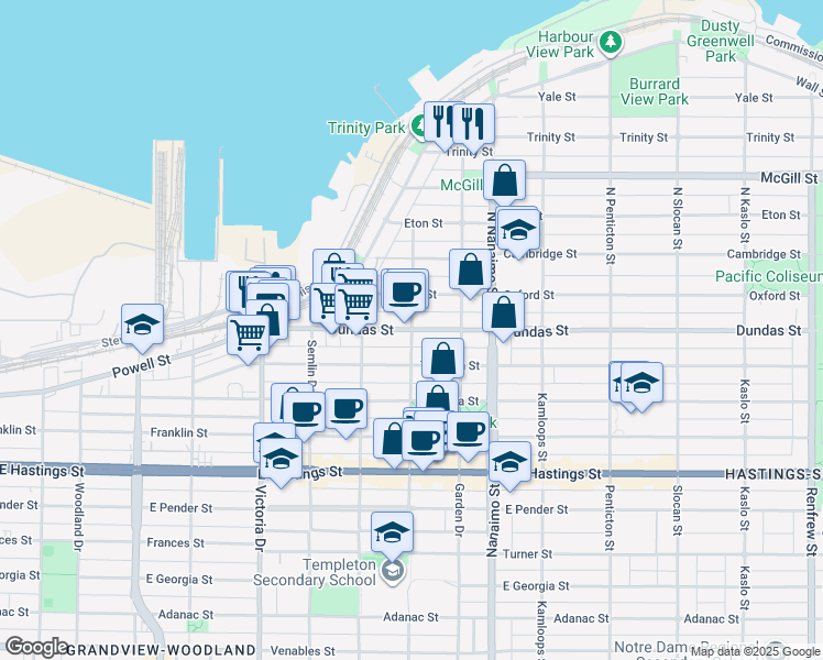 map of restaurants, bars, coffee shops, grocery stores, and more near Dundas St & Templeton Dr in Vancouver