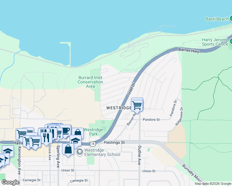 map of restaurants, bars, coffee shops, grocery stores, and more near 7046 Sierra Drive in Burnaby
