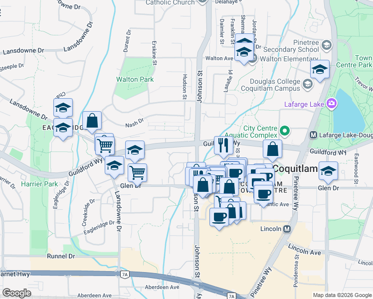 map of restaurants, bars, coffee shops, grocery stores, and more near 2865 Glen Drive in Coquitlam