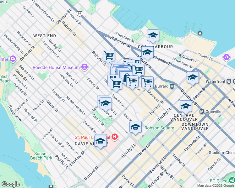 map of restaurants, bars, coffee shops, grocery stores, and more near 1160 Haro Street in Vancouver