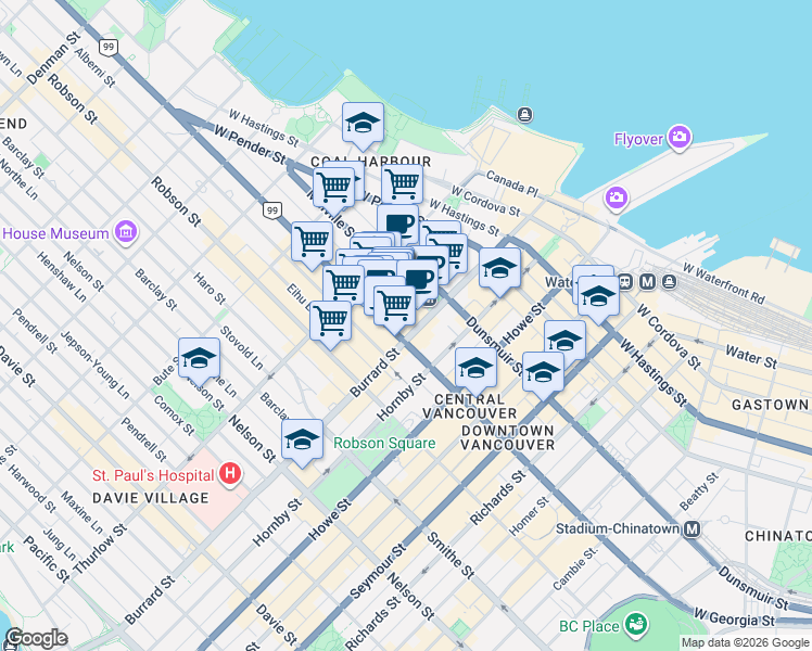 map of restaurants, bars, coffee shops, grocery stores, and more near in Vancouver