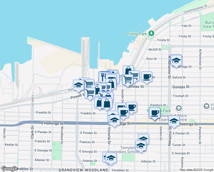 map of restaurants, bars, coffee shops, grocery stores, and more near 1895 Powell Street in Vancouver