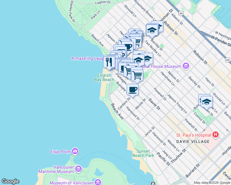 map of restaurants, bars, coffee shops, grocery stores, and more near 1901 Harwood Street in Vancouver