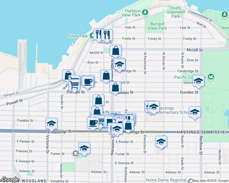 map of restaurants, bars, coffee shops, grocery stores, and more near in Vancouver