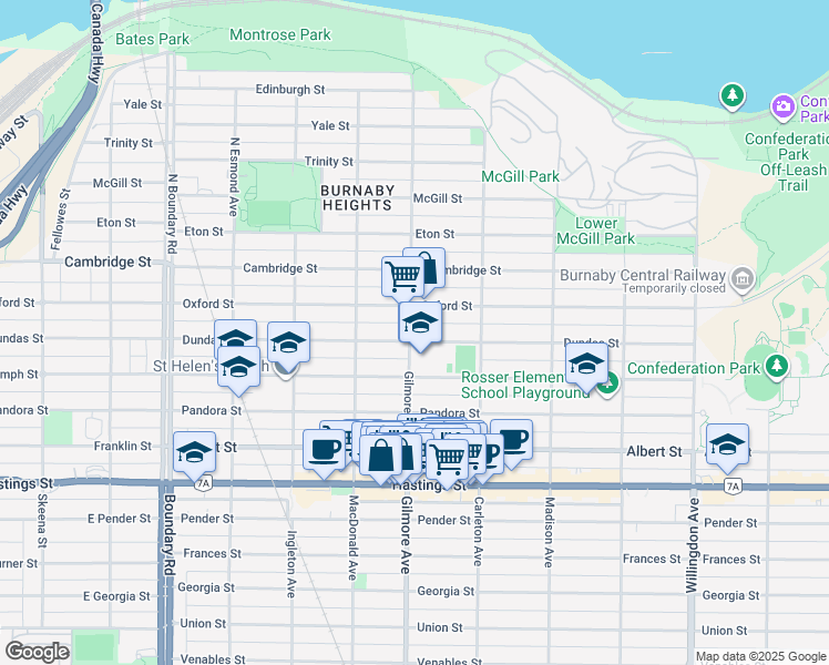 map of restaurants, bars, coffee shops, grocery stores, and more near 4120 Oxford Street in Burnaby