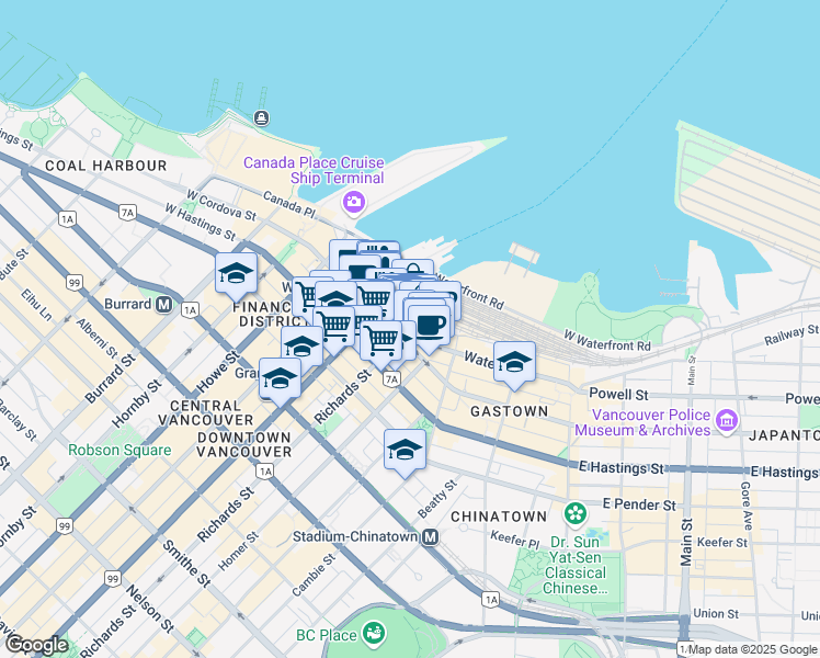 map of restaurants, bars, coffee shops, grocery stores, and more near 555 West Cordova Street in Vancouver
