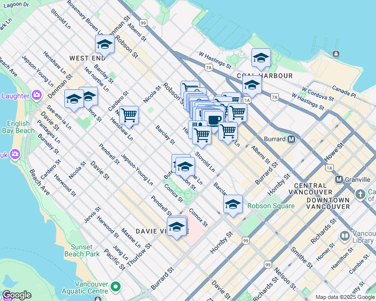 map of restaurants, bars, coffee shops, grocery stores, and more near in Vancouver