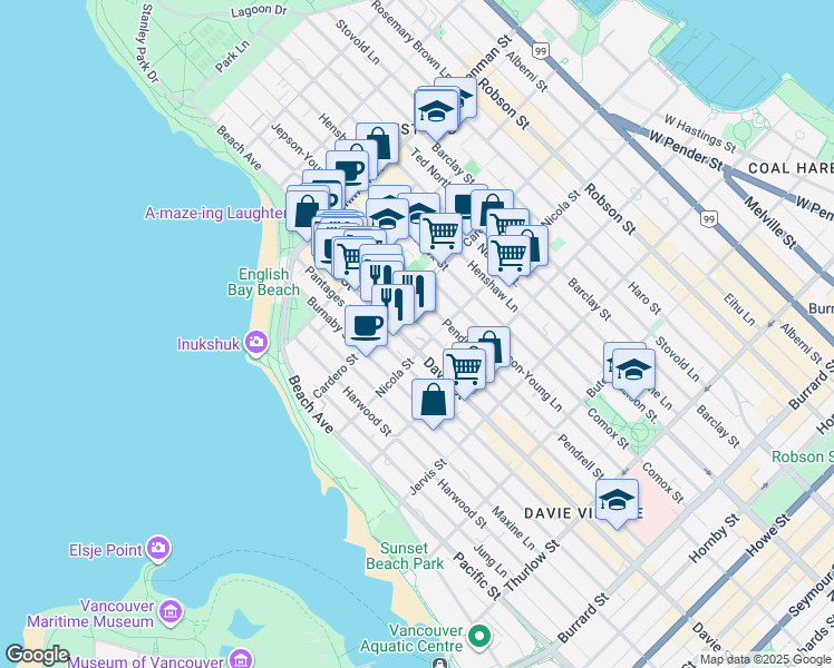 map of restaurants, bars, coffee shops, grocery stores, and more near in Vancouver