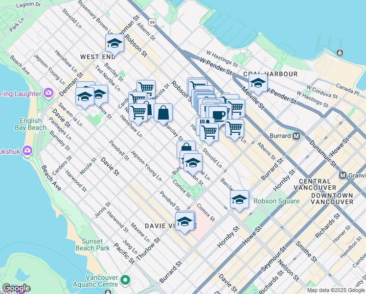 map of restaurants, bars, coffee shops, grocery stores, and more near 1234 Barclay Street in Vancouver