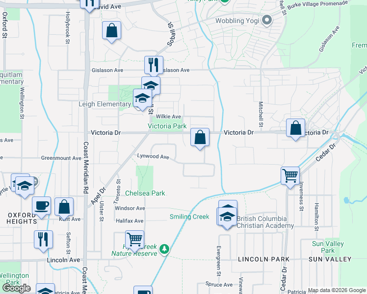map of restaurants, bars, coffee shops, grocery stores, and more near 1180 Victoria Drive in Port Coquitlam