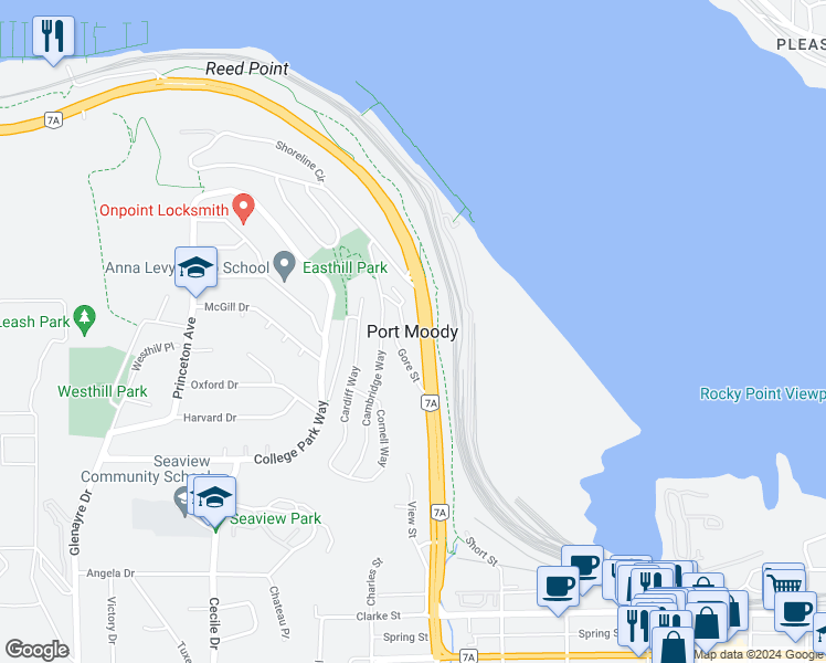 map of restaurants, bars, coffee shops, grocery stores, and more near in Port Moody