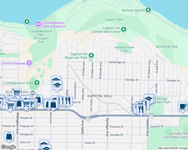 map of restaurants, bars, coffee shops, grocery stores, and more near 16 North Hythe Avenue in Burnaby