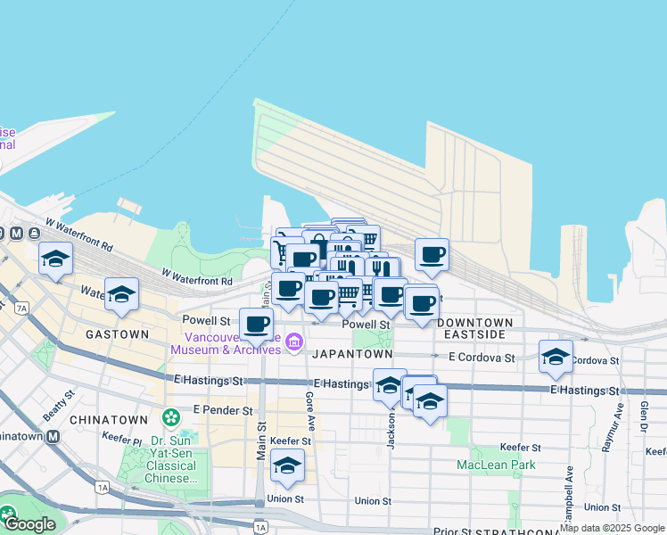 map of restaurants, bars, coffee shops, grocery stores, and more near in Vancouver