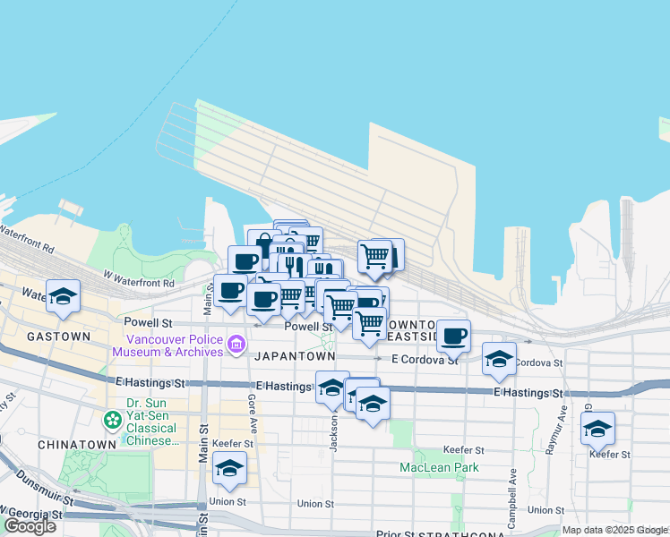 map of restaurants, bars, coffee shops, grocery stores, and more near 495 Railway Street in Vancouver