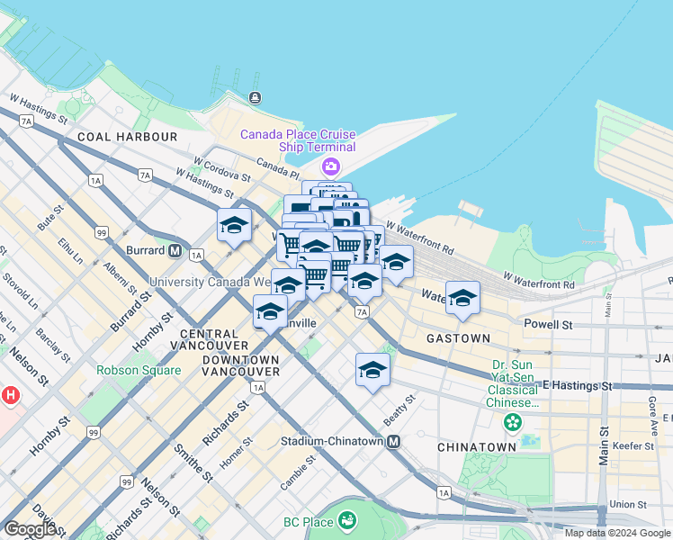map of restaurants, bars, coffee shops, grocery stores, and more near 320 Seymour Street in Vancouver