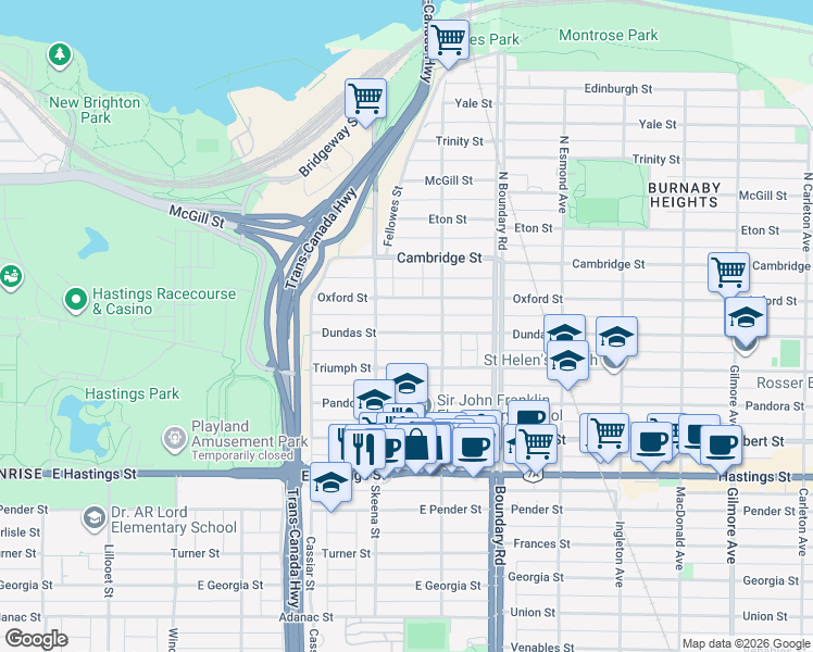 map of restaurants, bars, coffee shops, grocery stores, and more near 3543 Dundas Street in Vancouver