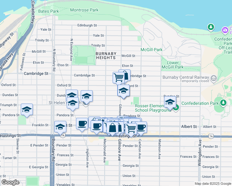 map of restaurants, bars, coffee shops, grocery stores, and more near 4061 Dundas Street in Burnaby