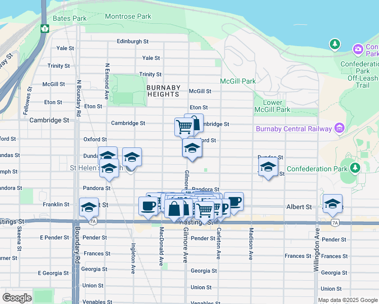 map of restaurants, bars, coffee shops, grocery stores, and more near 4120 Oxford Street in Burnaby