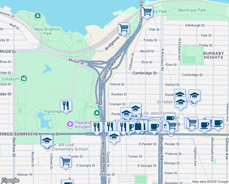 map of restaurants, bars, coffee shops, grocery stores, and more near 3431 Dundas Street in Vancouver