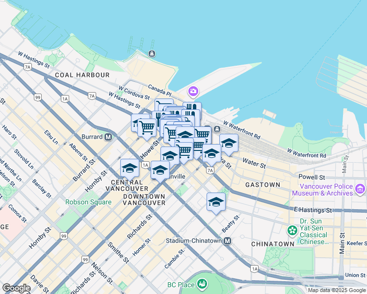 map of restaurants, bars, coffee shops, grocery stores, and more near in Vancouver