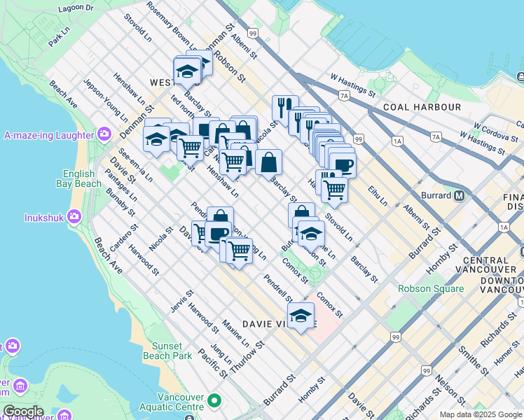 map of restaurants, bars, coffee shops, grocery stores, and more near 1005 Jervis Street in Vancouver