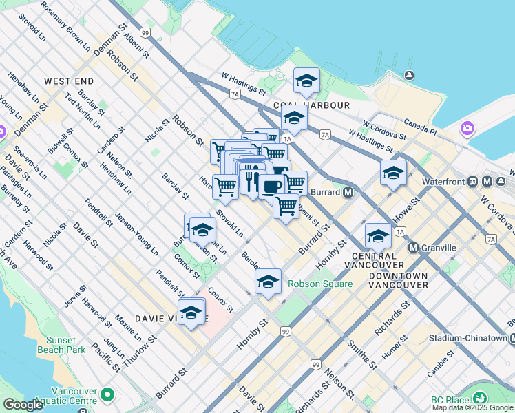 map of restaurants, bars, coffee shops, grocery stores, and more near in Vancouver