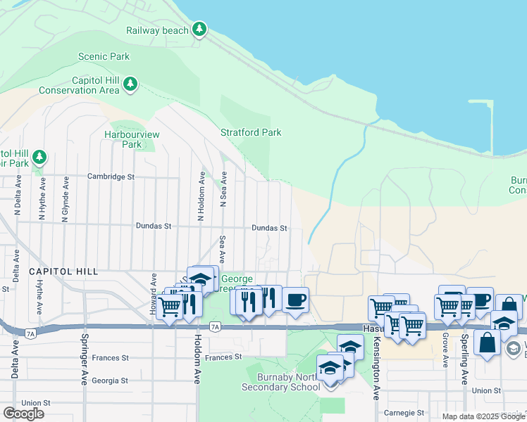 map of restaurants, bars, coffee shops, grocery stores, and more near 45 North Stratford Avenue in Burnaby