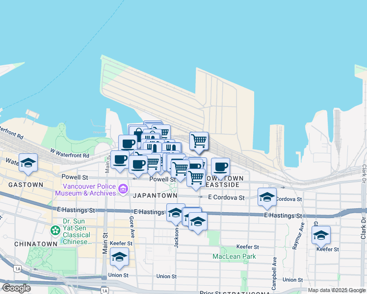 map of restaurants, bars, coffee shops, grocery stores, and more near 495 Railway Street in Vancouver