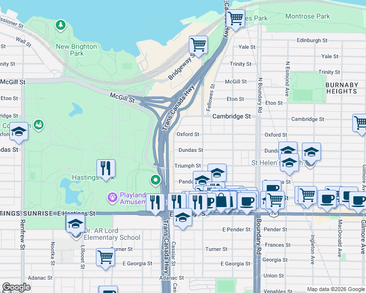 map of restaurants, bars, coffee shops, grocery stores, and more near 3429 Dundas Street in Vancouver