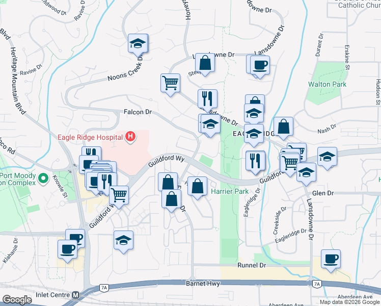map of restaurants, bars, coffee shops, grocery stores, and more near 1210 Falcon Drive in Coquitlam