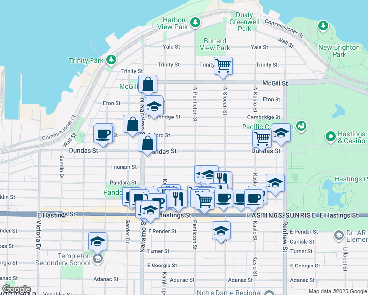 map of restaurants, bars, coffee shops, grocery stores, and more near 2565 Dundas Street in Vancouver